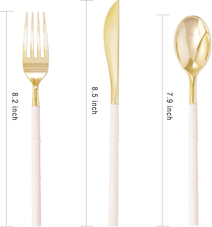 WDF 180Pieces Gold Plastic Silverware-Gold Plastic Cutlery with Pink Handle- Heavyweight Disposable Flatware-Disposable Utensils Include 60 Forks,60 Spoons,60 Knives for Wedding/Party