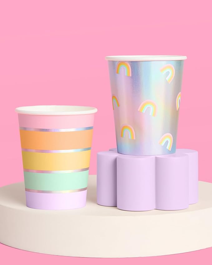 xo, Fetti Iridescent Rainbow Paper Cups - 12 oz, 24 pcs | Pastel Party Drinkware, Cute Dinner Party Setting, Bachelorette Decoration, Kids Birthday Tablescape