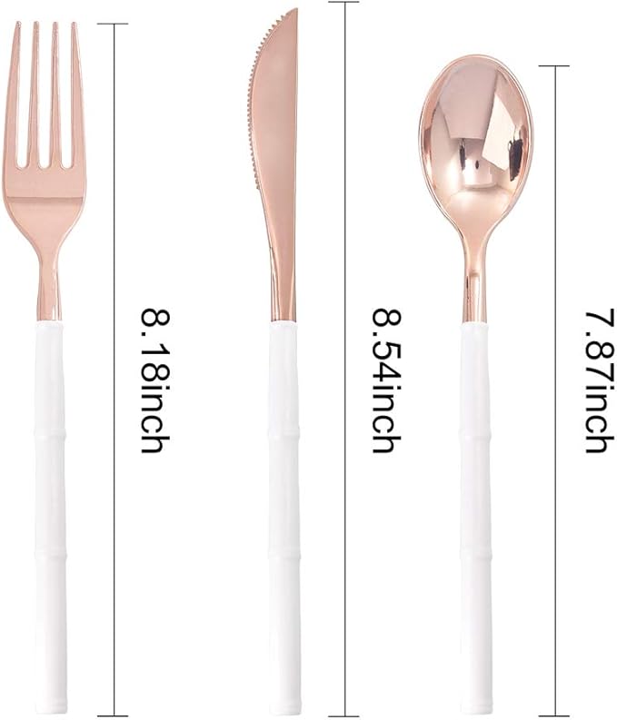 WDF 90Pieces Rose Gold Plastic Silverware - Rose Gold Plastic Cutlery with White Handle- Heavy Duty Disposable Silverware Include 30Forks, 30 Spoons, 30 Knives for Valentines Day, Wedding, Party