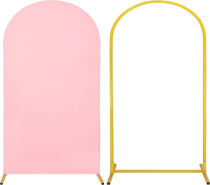Metal Arch Stand and Cover Set,1 Pink Spandex Fitted Backdrop with 1 Gold Wedding Arched Stand Frame for Parties Birthday Baby Shower Bridal Banquet Decoration (7.2FT)