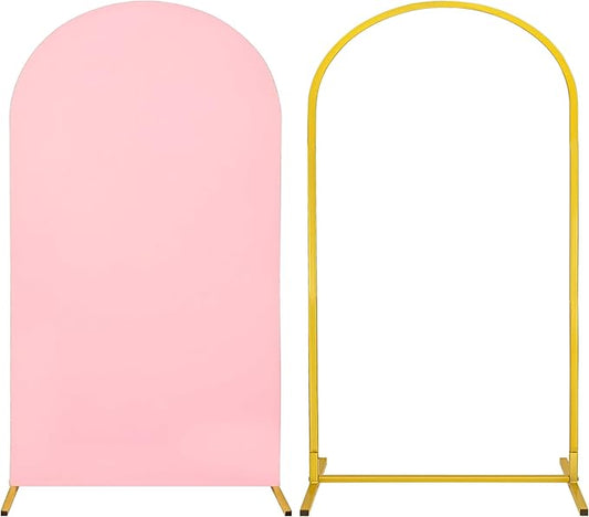 Metal Arch Stand and Cover Set,1 Pink Spandex Fitted Backdrop with 1 Gold Wedding Arched Stand Frame for Parties Birthday Baby Shower Bridal Banquet Decoration (7.2FT)