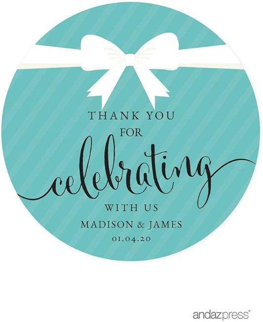 Andaz Press Personalized Round Circle Labels Stickers, Party & Co, Thank You for Celebrating with US, 40-Pack, Custom Made Name for Themed Party Favors, Gifts, Decorations