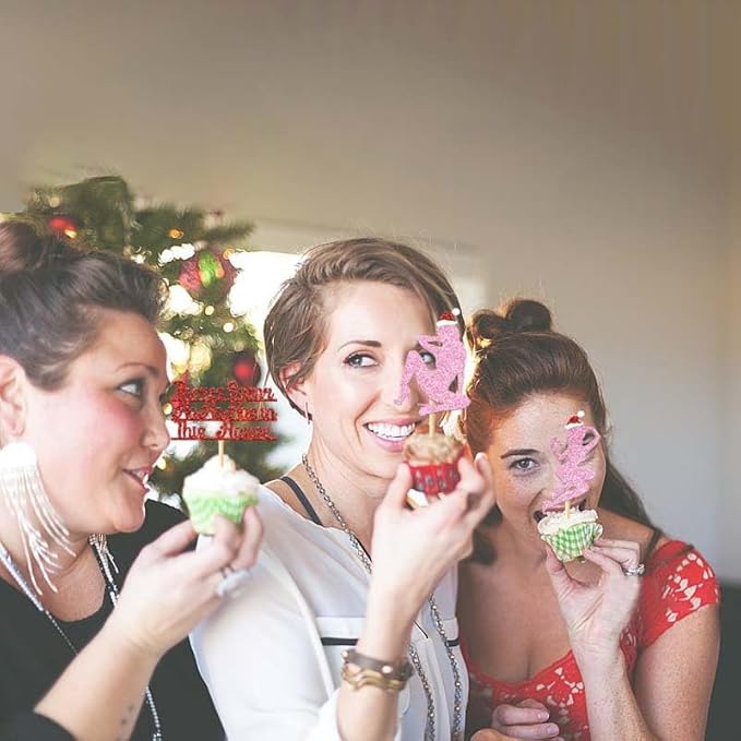 24Pcs Christmas Cupcake Toppers Pink Glitter Bachelor Cupcake Picks Christmas Hat Hohoho Eve Decorations for Night Out Bachelorette Wedding Bridal Shower