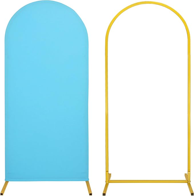 Metal Arch Stand and Cover Set,1 Blue Spandex Fitted Backdrop with 1 Gold Wedding Arched Stand Frame for Parties Birthday Baby Shower Bridal Banquet Decoration (6FT)