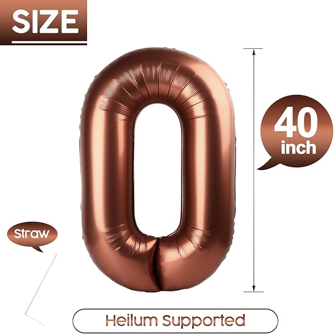 0 Balloon - Coffee Brown Birthday Number Balloons, 40 Inch Large Foil Balloons for Men Women Boys Girls Coffee Brown Themed Birthday Decorations