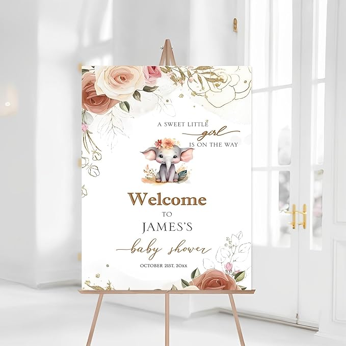 Personalized Baby Shower Sign, Floral, Elephant & Woodland Animals, Full Size, Plastic, Cottage Style