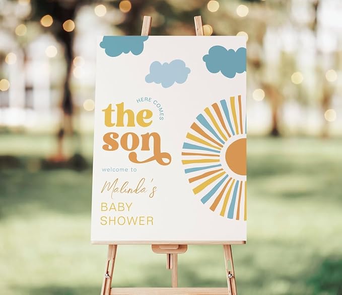Here Comes the Son Baby Shower Decorations, Baby Shower Sign, Welcome to Baby Shower Sign Personalized, Welcome Sign for Baby Shower, Baby Shower Welcome Sign with Stand, Custom Baby Shower Sign