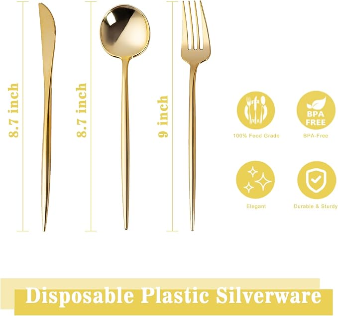 150PCS Gold Plastic Silverware,Heavy Duty Disposable Utensils Include 50 Forks,50 Spoons and 50 Knives,Gold Cutlery Plastic Silverware Sets for Party, Birthday,Wedding