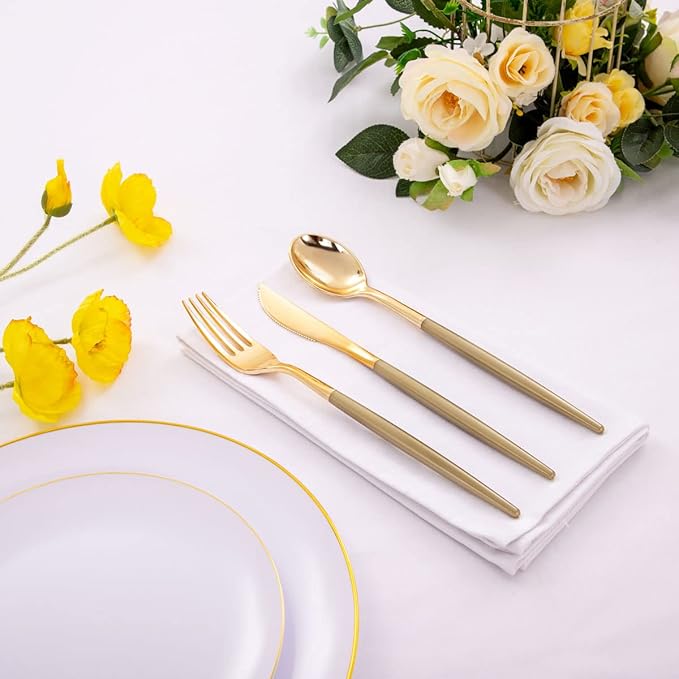 Supernal 102pcs Gold Plastic Silverware, Disposable Cutlery with Dark Gold Handle, Plastic Forks and Spoons Knives,34 Forks,34Knvies,34 Spoons,Perfect for Birthday,Party,Wedding
