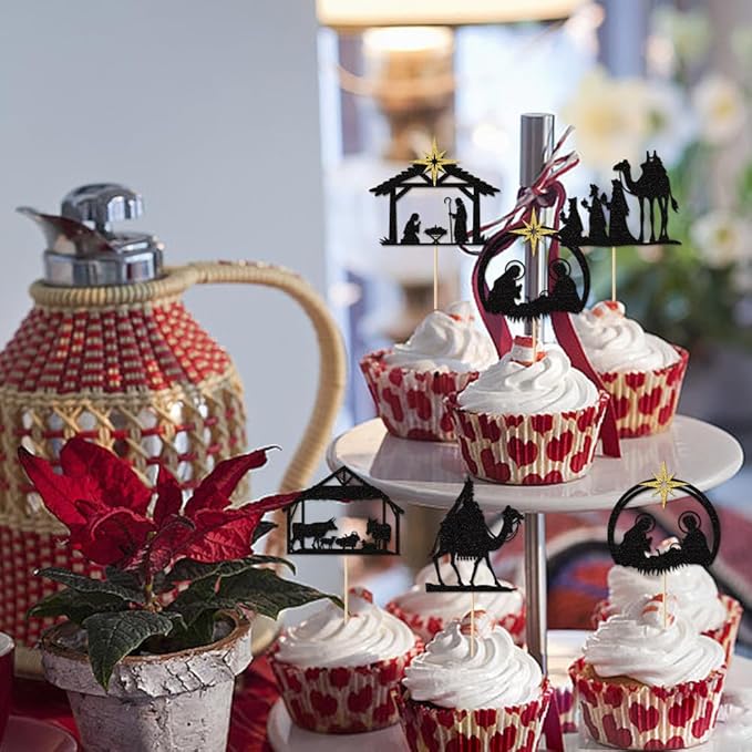 30Pcs Christmas Nativity Cupcake Toppers Black Glitter Holy Cake Decoration Christmas Jesus Decorations for Nativity Scene Holy Family Religious Birthday Party Decorations