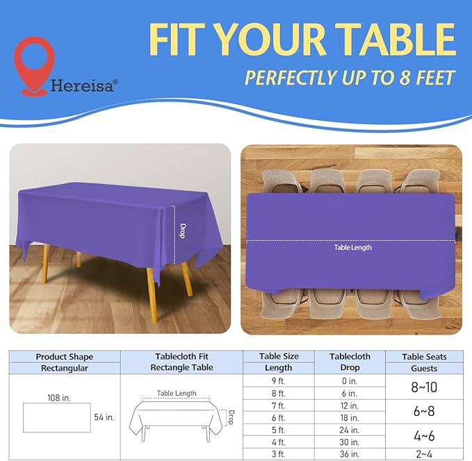 8-Count Purple Disposable Plastic Tablecloths Rectangle 54x108 Inch - Extra Long Waterproof Banquet Table Covers for Parties & Catering