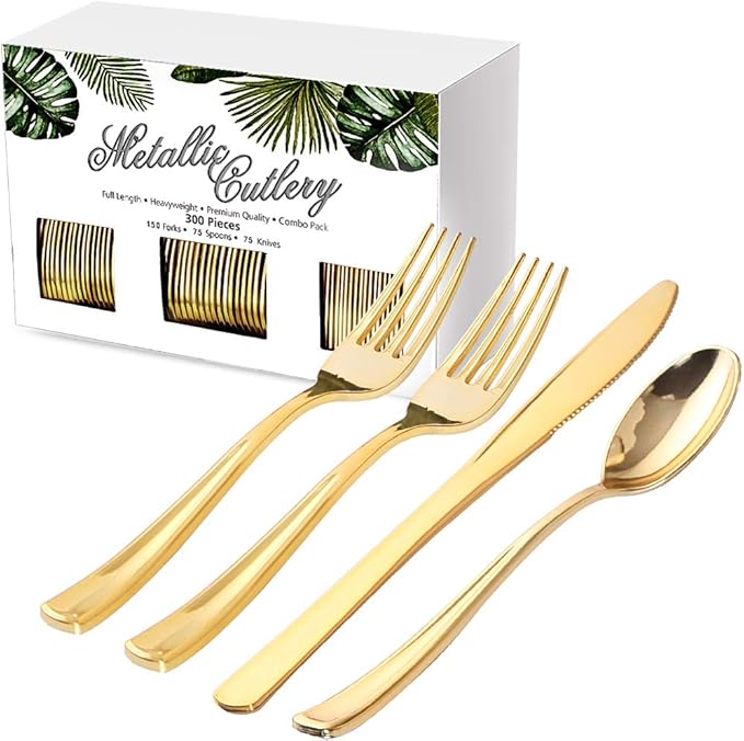 Nervure 300 Piece Gold Plastic Silverware Set - Heavyweight Gold Plastic Cutlery - Disposable Utensil Include 150 Forks, 75 Knives, 75 Spoons Perfect for Parties & Wedding & Party