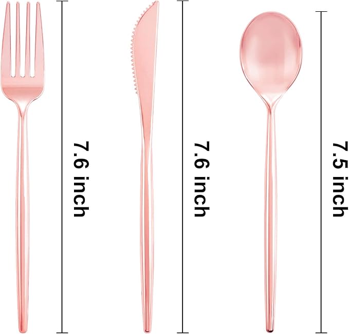 SUT 150Pcs Rose Gold Plastic Silverware, Disposable Cutlery Set, Heavy Duty Plastic Flatware Set，Disposable Rose Gold Utensils Include 50 Forks,50 Spoons, 50 Knives Perfect for Party