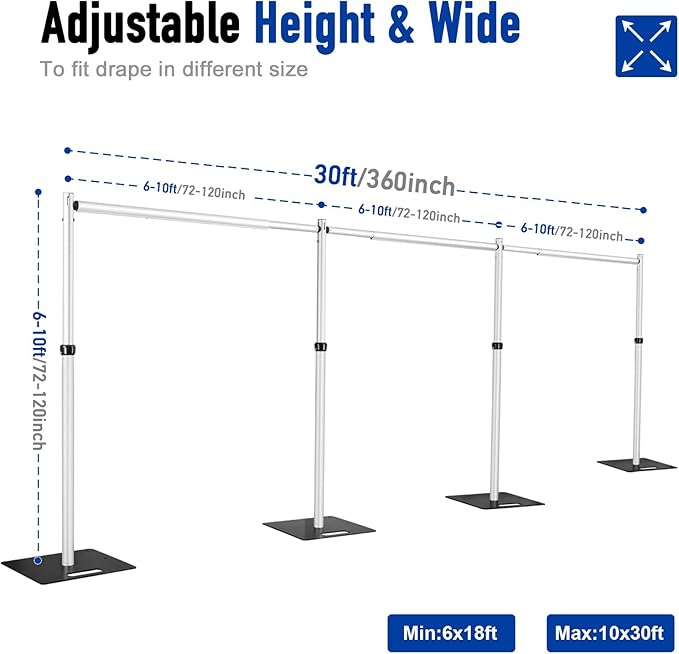 10x30Ft Pipe and Drape Stand, Heavy Duty Backdrop Stand, 6-10' Tall x 10-30' Wide Adjustable Pipe and Drape, Backdrop Stand, Aluminium Backdrop Stand for Event,Birthday Party and Wedding Decor
