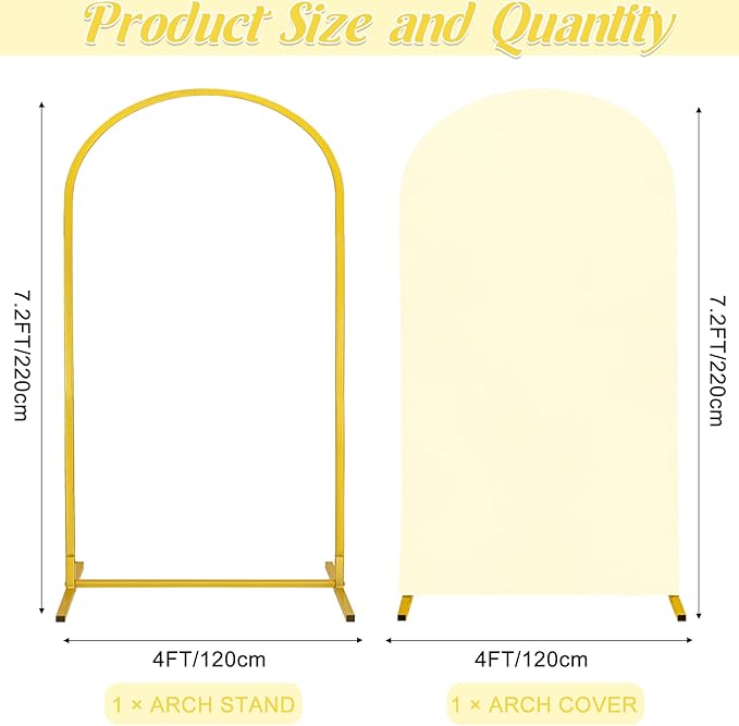 Metal Arch Stand and Cover Set,1 Ivory Spandex Fitted Backdrop with 1 Gold Wedding Arched Stand Frame for Parties Birthday Baby Shower Bridal Banquet Decoration (7.2FT)