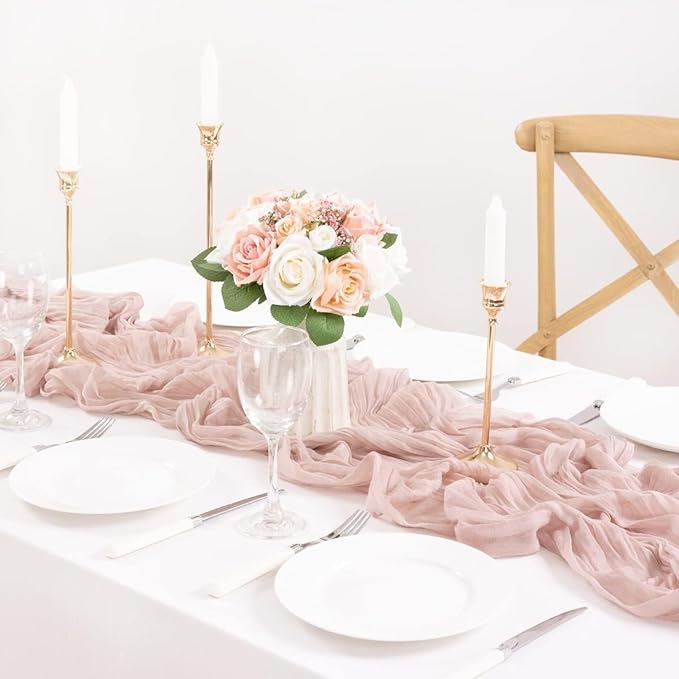 MLMC 12 Pack Dusty Pink Cheesecloth Table Runner 10ft Rustic Gauze Cheese Cloth Table Runner Bulk 35x120 Inches for Romantic Wedding Bridal Baby Shower Anniversary Party Decor