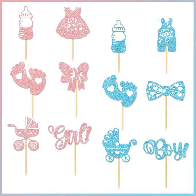 36PCS Gender Reveal Cupcake Toppers – Pink and Blue Color Scheme Baby Shower Decorations with Glitter Paper Bottles, Bows, Bodysuits, Pants, Dresses & Feet for Boy or Girl Party
