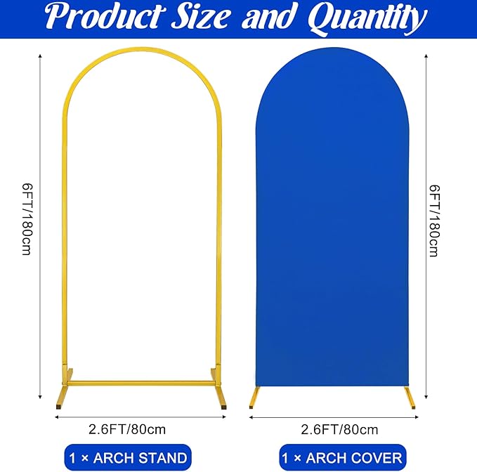 Metal Arch Stand and Cover Set,1 Royal Blue Spandex Fitted Backdrop with 1 Gold Wedding Arched Stand Frame for Parties Birthday Baby Shower Bridal Banquet Decoration (6FT)