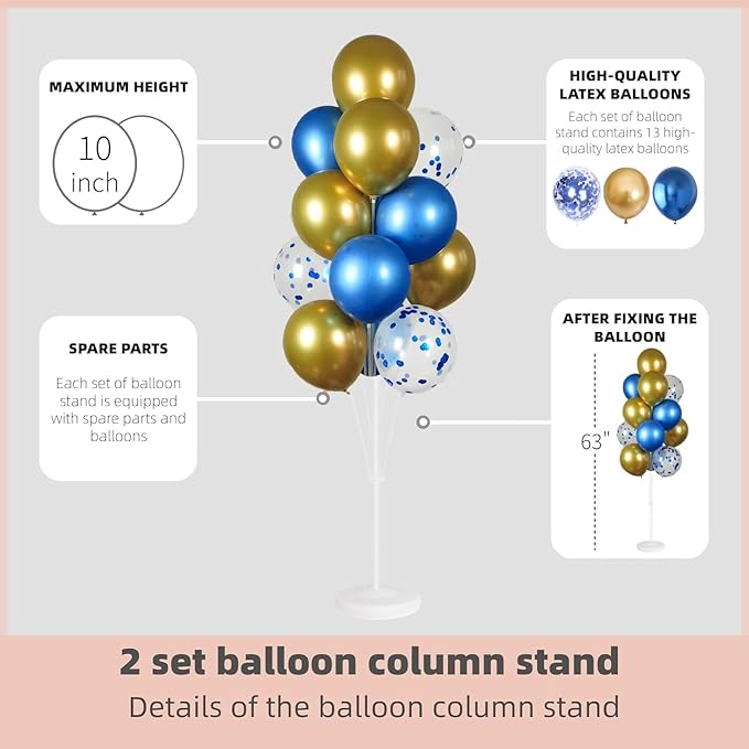Balloon Column Kit Set of 2 With Balloons Included - Balloon Tower with Stand, Base, and Pole,Backdrop Decoration for Wedding, Baby Shower, Birthday Party, or Bachelorette Parties (Metallic Blue Gold)