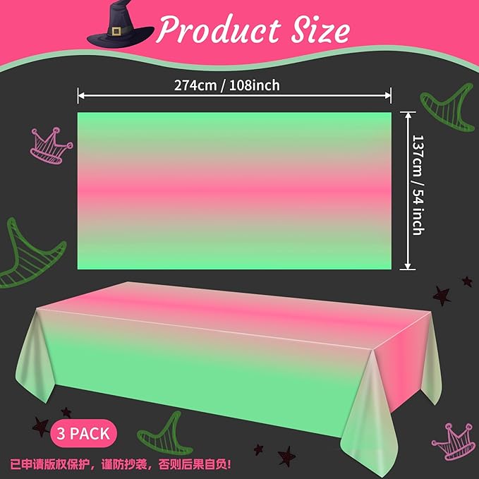 AFZMON 3 Pack Witch Birthday Party Decorations Tablecloth, Pink and Green Disposable Rectangle Plastic Table Decors Cloth for Kids Baby Shower Wedding Party Supplies, 54 x 108Inch