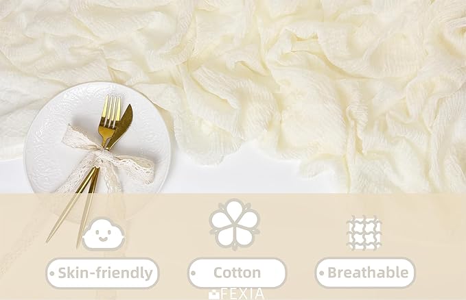 FEXIA Beige Table Runner Ivory Cheesecloth Table Runner 30x118 Inches Rustic Gauze for Easter Decor Wedding Baby Shower Bridal Shower First Communion Home Decorations