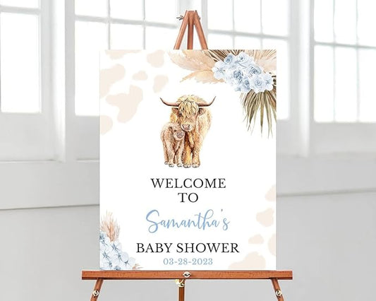 Boho Highland Cow Baby Shower Decoration, Baby Shower Sign, Welcome to Baby Shower Sign Personalized, Welcome Sign for Baby Shower, Baby Shower Welcome Sign with Stand, Custom Baby Shower Sign