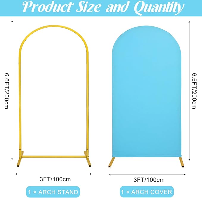 Metal Arch Stand and Cover Set,1 Blue Spandex Fitted Backdrop with 1 Gold Wedding Arched Stand Frame for Parties Birthday Baby Shower Bridal Banquet Decoration (6.6FT)