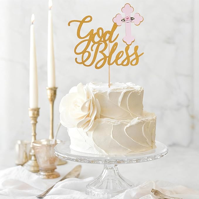 Gold God Bless Cake Topper - Glitter Baptism and Christening Communion Cake Topper, Baby Shower Party Cake Decorations (Gold God Bless Cake Topper)