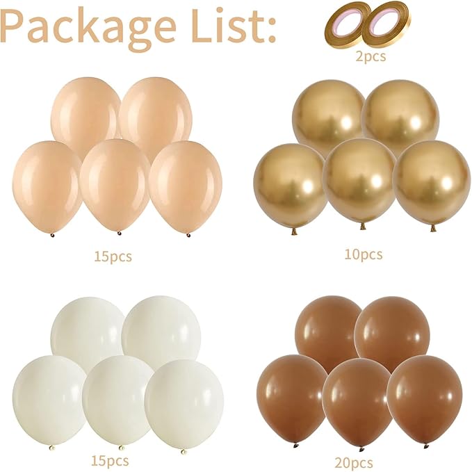 Balloons Brown and Gold, 60 Packs 12 Inch Retro Brown Cream Beige Balloon Sand White Neutral Balloons Metallic Gold Balloon for Bear Birthday Baby Shower Boho Wedding Decorations