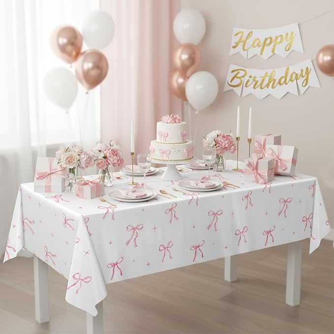 Oigco 2 Pcs Pink Bow Tablecloth, Coquette Birthday Decorations, Bow Plastic Table Cover for Girls Bridal Wedding Pink Bow Birthday Decorations, 54x108 Inch