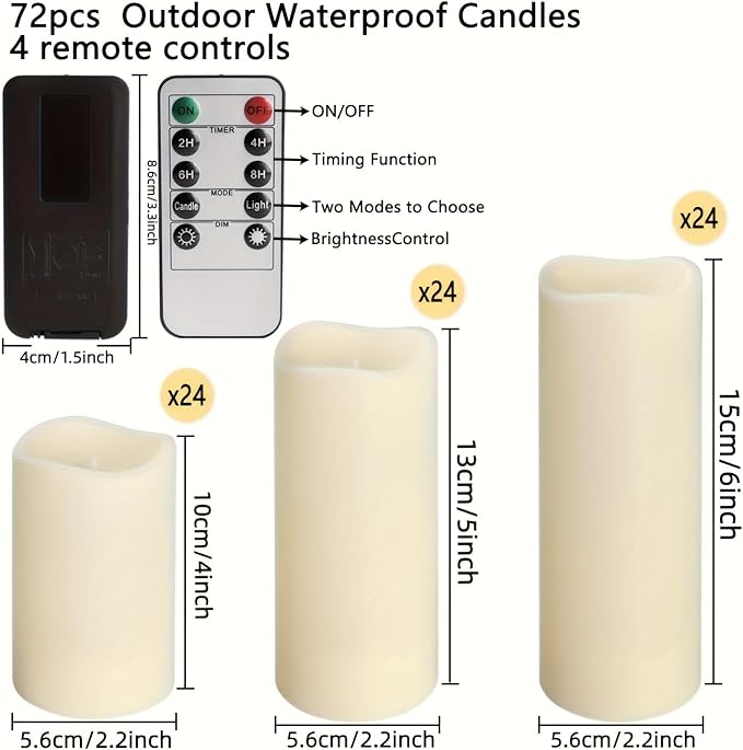 72Pack Flameless Candles with Remote,LED Cancle 3 sizes (H4" 5 ", 6 "x D 2.2") with 24Hours timer, -Waterproof Battery Operated- LED Candle for home decor, wedding party Christmas decoration candles