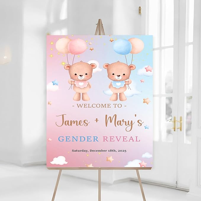 Welcome Baby Boy Or Girl Signs - Bear And Balloons Gender Reveal