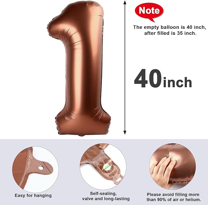 1 Balloon Number 40 Inch Jumbo Mylar Foil Balloons for Girl Boy Men Women, Coffee Brown One Giant Balloons for 1st 1 11 21 Birthday Decorations Baby Shower Photo Shoot