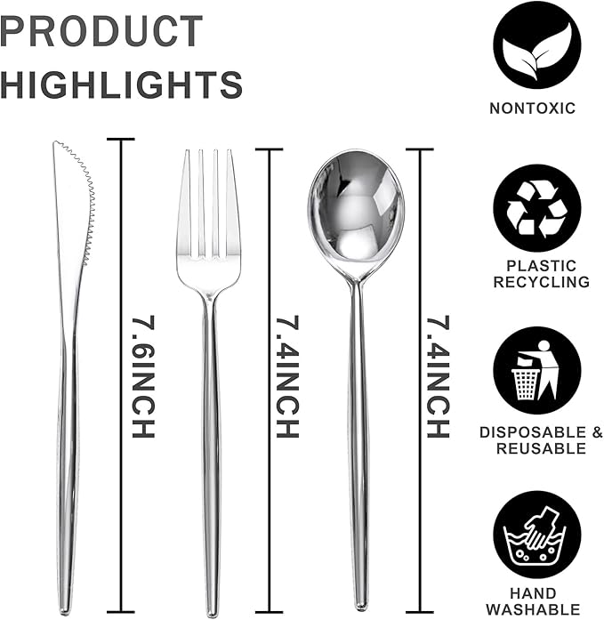 Rubtlamp 90Pcs Silver Christmas Plastic Silverware, Silver Plastic Christmas Utensils, Plastic Cutlery Include 30 Knives, 30 Forks and 30 Spoons, Silverware Heavy Duty For Party