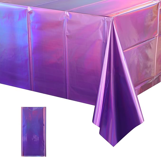 1 Pack Ombre Iridescent Pink and Purple Plastic Tablecloths, Shiny Disposable Laser Rectangle Table Covers Holographic Foil Tablecloth Iridescent Party Decoration Birthday Bridal Wedding, 54x108 Inch