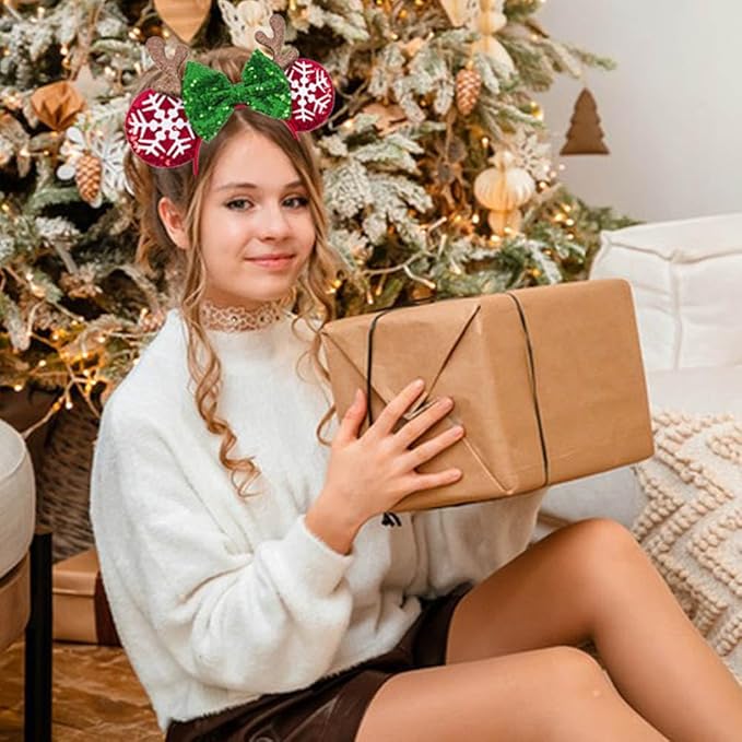 1 Pack Christmas Snowflake Headbands Mouse Ears Hairband Elk Antler Hair Hoop Green Red Glitter Sequins Bow Headband Hair Ornament for Christmas Cosplay Princess Dress Up Party Hair Accessories