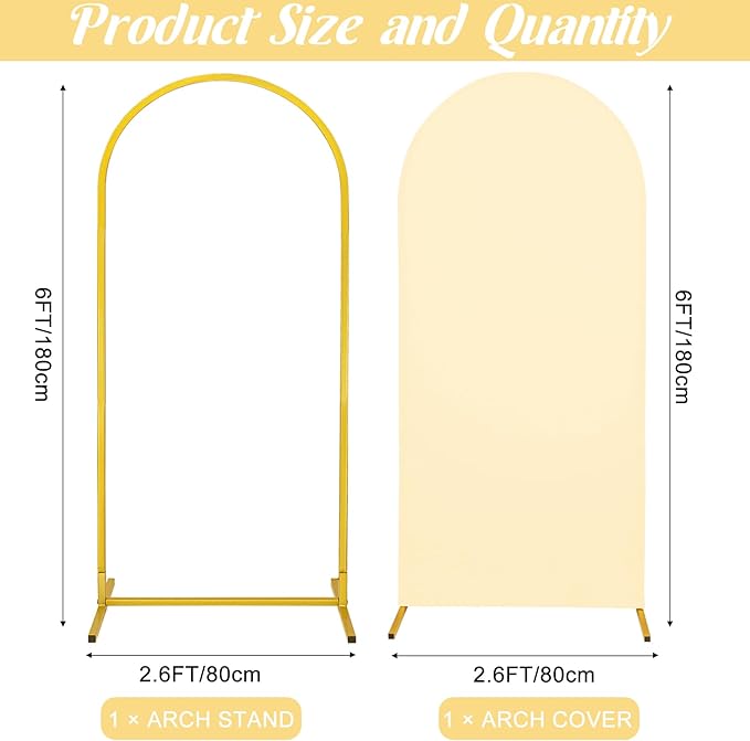 Metal Arch Stand and Cover Set,1 Beige Spandex Fitted Backdrop with 1 Gold Wedding Arched Stand Frame for Parties Birthday Baby Shower Bridal Banquet Decoration (6FT)