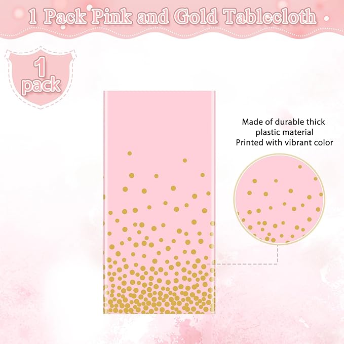 1 Pack Pink and Gold Plastic Tablecloth for Parties, Pink Disposable Table Cloth for Rectangle Tables, Gold Stamping Dot Confetti Light Pink Tablecloth for Birthday Wedding Baby Shower Party, 54x108"