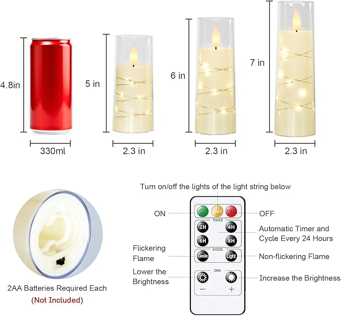 Raycare Flameless Candle with Remote Timer, 3 Flickering Acrylic Battery Operated LED Pillar Candles with Embedded Star String for Christmas, Home Decor, and as a Gift(Ivory)