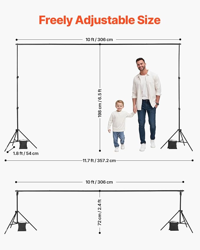 VEVOR Backdrop Stand, 6.5 x 10 ft Adjustable Photo Backdrop Stand Kit, Portable Background Backdrop Stand with 5 Crossbars, Heavy Duty Projector Screen Stand, for Wedding, Photo Video Studio & Party