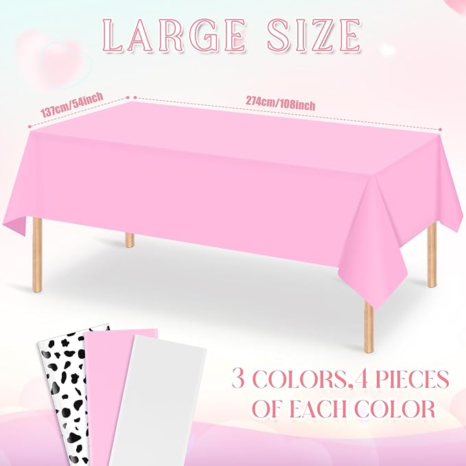 12Pcs Cow Print and Pink White Tablecloth Set, Pink and White Cow Print Table Covers Disposable Plastic Rectangle Tablecloth for Cowgirl Birthday Baby Shower Barnyard Party Decorations, 108*54inch