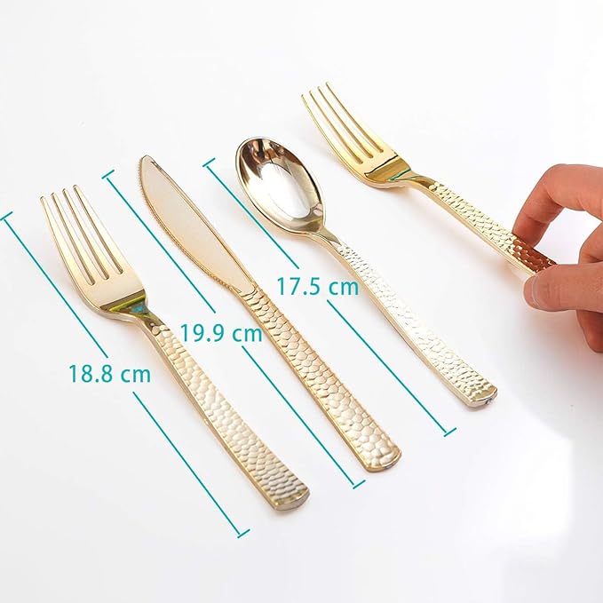 Nervure 300PCS Gold Hammered Plastic Silverware - Heavy Duty Plastic Cutlery - Gold Disposable Utensils Includes 100 Forks, 100 Knives, 100 Spoons Perfect for Wedding & Party