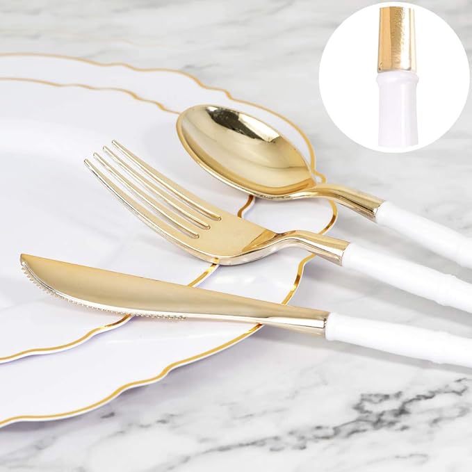 WDF 180Pieces Gold Plastic Silverware-Gold Plastic Cutlery with White Handle-Heavyweight Disposable Flatware-Include 60Forks, 60 Spoons, 60 Knives For Thanksgiving