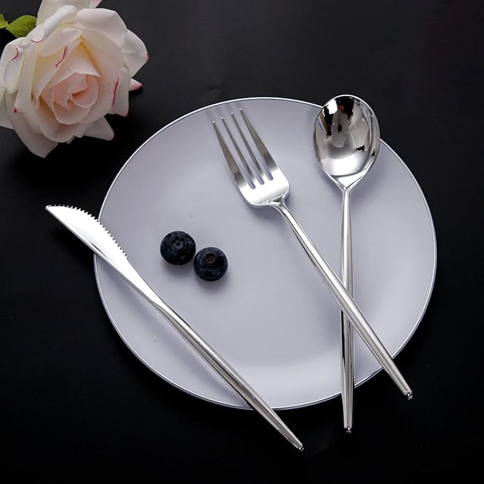SUT 150Pcs Silver Plastic Silverware, Silver Disposable Cutlery, Heavy Duty Disposable Silverware, Plastic Utensils Include 50 Plastic Forks, 50 Plastic Spoons, 50 Plastic Knives