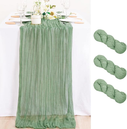 MLMC 3 Pack Sage Green Table Runner 10ft Rustic Boho Cheesecloth Table Runner Cheese Cloth Centerpiece Winter Decor 35x120 Inches for Wedding Bridal Baby Shower Decor