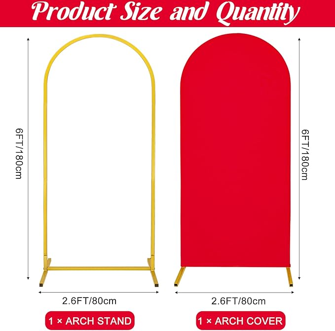 Metal Arch Stand and Cover Set,1 Red Spandex Fitted Backdrop with 1 Gold Wedding Arched Stand Frame for Parties Birthday Baby Shower Bridal Banquet Decoration (6FT)