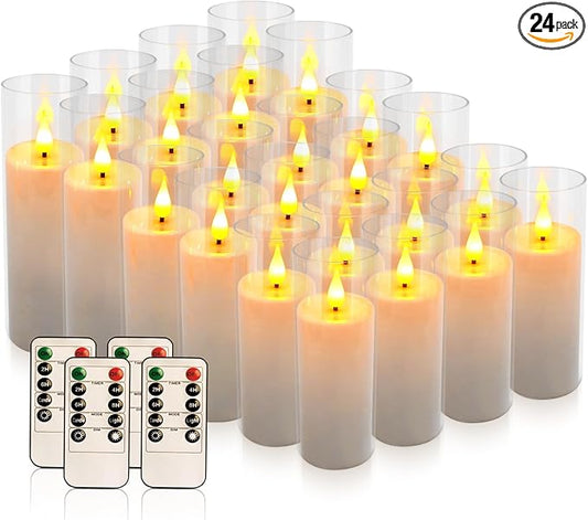 Flickering Flameless LED Candles, 24 Pcs Battery Operated Acrylic LED Pillar Candles with 4 Remote Controls & Timer Function - Safe for Home, Wedding, Outdoor Decor, Halloween, Christmas Party.