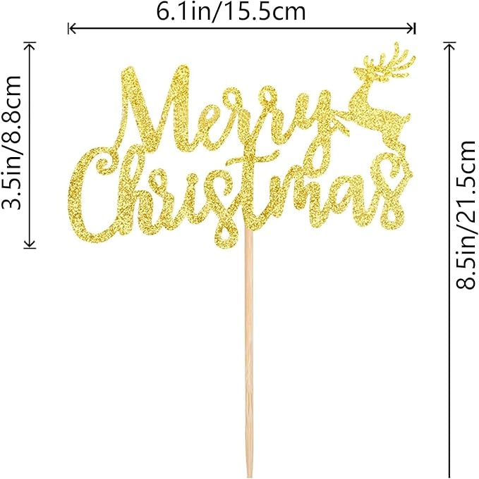 1Pcs Merry Christmas Cake Topper Glitter Gold Reindeer Christmas Cake Decoration for New Years Eve Xmas Holiday Birthday Party Supplies