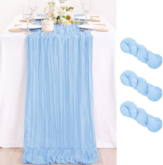 MLMC 3 Pack Light Blue Cheesecloth Table Runner Baby Blue Table Runner 10ft Sheer Rustic Cheese Cloth Baby Shower Decorations 35x120 Inches for Birthday Gender Reveal Baby Shower Wedding Decor
