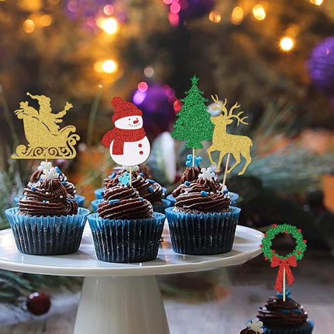 24Pcs Merry Christmas Cupcake Toppers Glitter Christmas Tree Santa Snowman Deer Garland Hohoho Cupcake Picks for Xmas Holiday